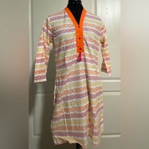 Indian Women straight kurta kurti shirt dress white yellow orange cotton desi